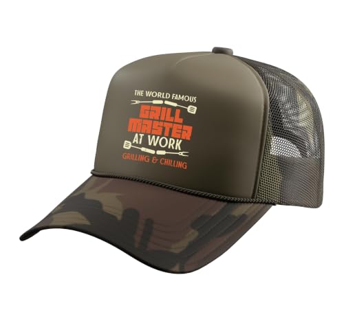 Grill Master At Work Grilling Chilling Funny BBQ Pitmaster Trucker Hat with Adjustable Mesh Back, Camo Green
