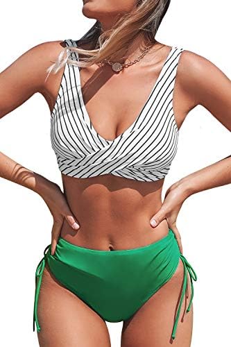 CUPSHE Women's Bikini Sets Ruched Lace up Bikini High Waisted Two Piece Swimsuits Fresh Green M