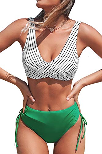 CUPSHE Damen Bikini Set Wickel Bikini Bademode Tunnelzug High Waist Zweiteiliger Badeanzug Swimsuit Grasgrün XS