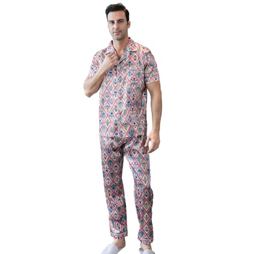 Men's Satin Pajama Set Short Sleeve Silky Pajama Pants Button Down Sleepwear Multicolor Silky Men's Pajama Set