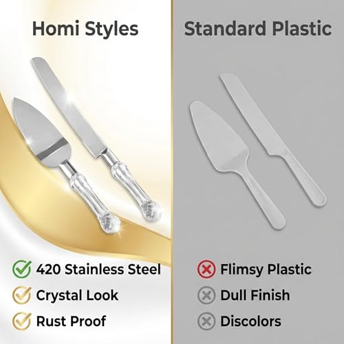 Wedding Cake Knife and Server Set, Cake Cutter and Pie Spatula, Cake Server and Knife Set of 2 with Crystal Handles, 1.2mm Thick Blades, Cutting Set for Birthdays, and Parties (Crystal Silver) by Homi styles - Image 7