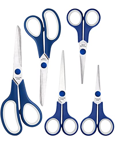 Craft Scissors Set Of 5, All Purpose Sharp Stainless Steel Blades Shears , Ergonomic Semi-Soft Rubber Grip For Office Home School Sewing Fabric Supplies, 5.5/6/6.5/7.5/8.5Inch, Blue&White #TOP5