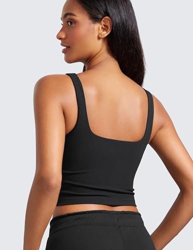 CRZ YOGA Womens Ribbed Henley Longline Sports Bras - Square Back Padded Yoga Workout Crop Tank Top with Built in Pads2