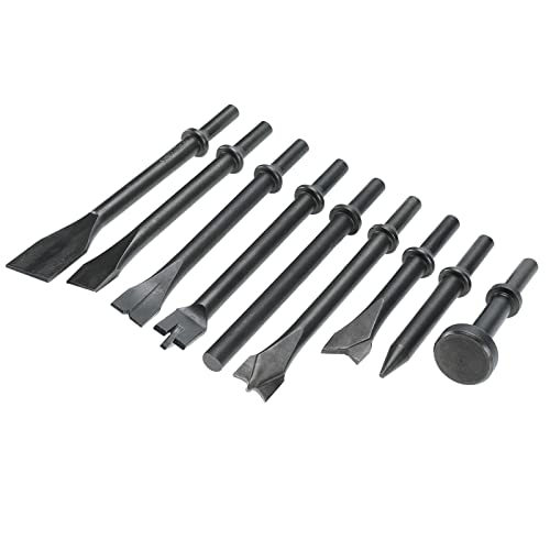 YaeKoo Smoothing Air Hammer Pneumatic Chisels Tools, 10pcs 0.401\'\' (10mm) Shank Heavy Duty Smoothing Pneumatic Air Rivet Hammer Chisels High Carbon Steel Bits with Spring