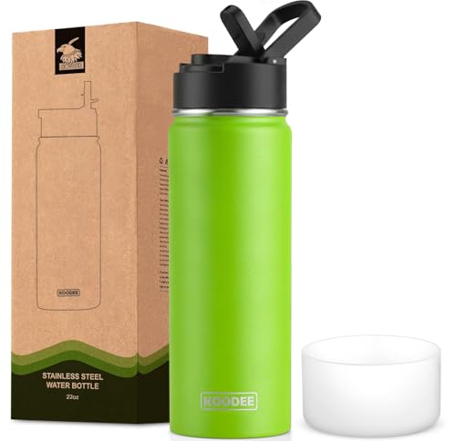 Image of koodee Water Bottle-22 oz Stainless Steel Vacuum Insulated Water Bottle with Straw Lid, Double Wall Wide Mouth Sports Water Bottle for School, BPA Free (Apple Green)