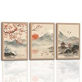 soonkiss Japanese Wall Art Set of 3 with Wooden Frame, Ready to Hang Sakura Cherry Blossom Mountain Sun...