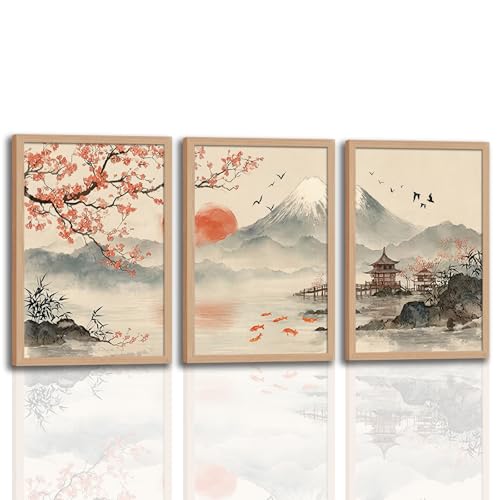 soonkiss Japanese Wall Art Set of 3 with Wooden Frame, Ready to Hang Sakura Cherry Blossom Mountain Sun Landscape Painting Prints for Living Room Bedroom Office 12x16 Inches