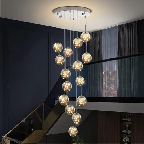Luminaire suspendu escalier long lustre salon plafond haut 15 boules