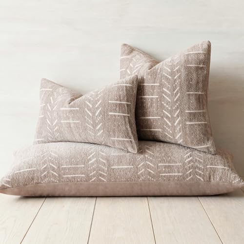 Image of Foindtower Set of 2 Decorative Chenille Jacquard Throw Pillow Covers Textured Farmhouse Lumbar Cushion Covers Modern Boho Accent Home Decor for Sofa Chair Couch Bed Living Room,12x20 Inch,Light Taupe