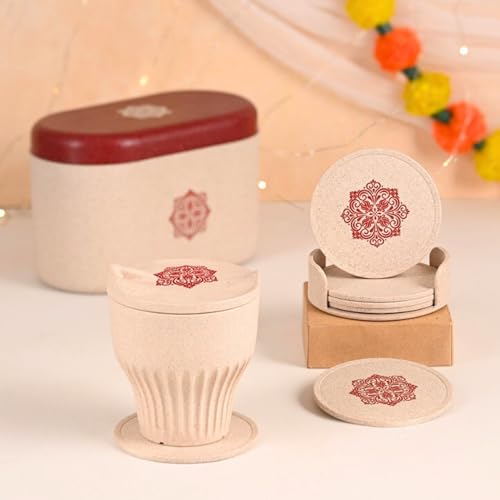 Image of Eha Earth-Friendly Wedding Gifts for Couple| Gifts Made with Rice Husk Biocomposite| One Mandala Printed Mug and Coasters Set of 6, Keychain, Loopac Box | 250 ml |Sand Castle