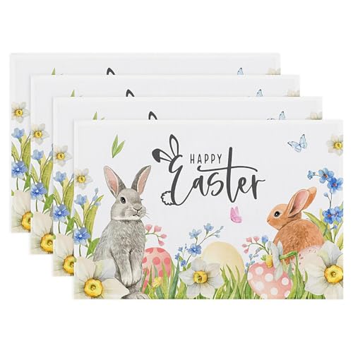 MOAZIFI 4 Stück Tischset Ostern, Osterndeko Tisch, Hasen Eier Blumen Motiv, Ostergeschirr, Ostertischdecke für Deko Frühling, Party, Feier, Esstischdekoration Drinnen Urlaub Party Deko 45x30CM