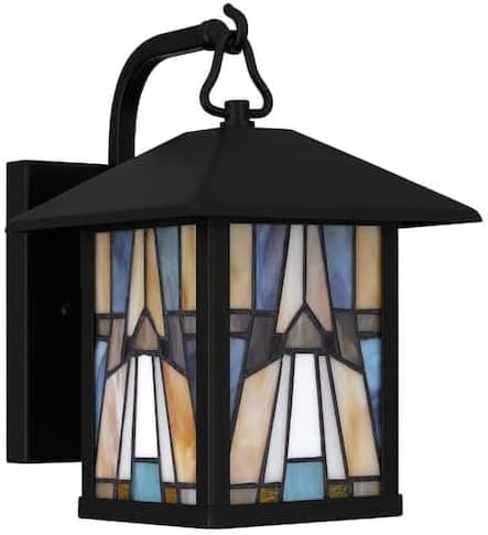 Ceybo 1-Light Matte Black Outdoor Wall Sconce with Handcrafted Amber-Toned Glass, Mission Style, Compatible with LED and Incandescent Bulbs