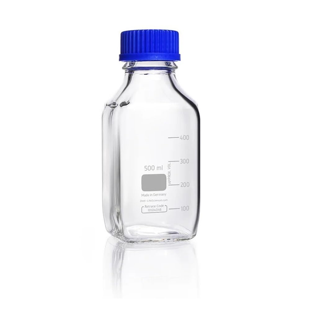Laborflasche quadratisch klar mit 168-1 Gewinde graduiert mit Schraubverschluss und Ring aus PP (blau)(500mL)