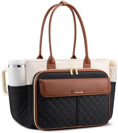 LOVEVOOK Teacher Tote Bag for Women Work, 15.6 Inch Laptop Bag with Large Cup Holder, Quilted Nurse Bag Briefcase with Accordion File Pocket, Computer Handbag for Bussiness Travel, Office, College