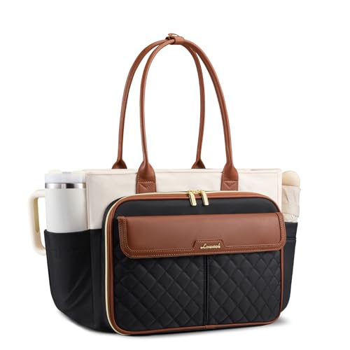 Image of LOVEVOOK 17 Inch Laptop Tote Bag for Women, Teacher Nurse Work Tote Bags with Large Cup Holder & Accordion File Area for Office, Travel, College, Computer Handbags Quilted Diaper Bag Gifts