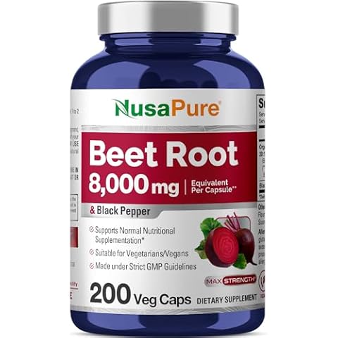 NusaPure Beet Root 8,000mg per Caps (Vegan, Non-GMO, Extract 20:1, Vegan) Black Pepper - 200 Veggie caps Cover