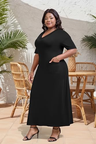 Image of Runwind Plus Size T Shirt Maxi Dress for Women Short Sleeve V Neck Casual Long Dresses with Pockets