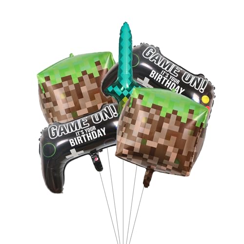 Fesnova Jogo de balões para videojogos, tema de minecraft, 5 unidades, decoração de festa de aniversário, design de blocos pixelados e espada, controlador de jogo