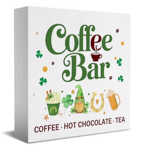 HTBIG St Patricks Day,coffee barcoffeehot chocolat Wooden Sign,r Coffee Bar Wooden Block Sign, Kitchen Decorations for office Room Desk Board Shelf Table Hot Chocolate Sign Decor 5 x 5 Inches