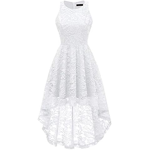 Meetjen Women's Vintage Cocktail Floral Lace Dress Bridesmaid Hi-Lo Formal Swing Party Dress White S Cover