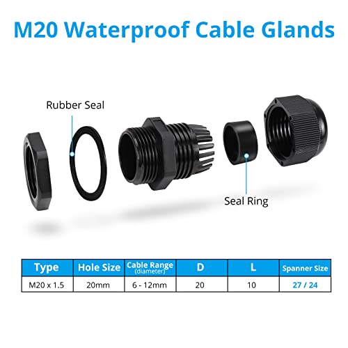 10 Pack M20 20mm IP68 Waterproof Black Cable Glands, Suitable for 6mm - 12mm Cables, Plastic Nylon Compression Glands Connectors with Locknut and Washer - AVARTEK