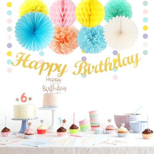 Image of Pastel-Rainbow Colorful Birthday Party-Decorations Paper-Flowers - 14pcs Happy Banner Carnival Theme Lanterns Tissue Pom Poms,Macaron Streamers Garland Fans Honeycomb Hanging Supplies Decor Hugfond