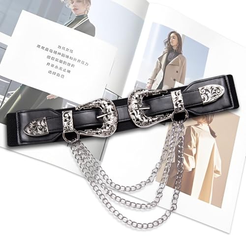 Image of Dubulle Womens Belt Chain Leather Belts Vintage Western Adjustable Elastic Double Buckle for Cowboy Pant Dress