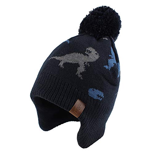 JANGANNSA Knitted Baby Hat Winter Warm Boys Girls Beanie Fleece Lining Toddler Kids Hat with Pompom (Dinosaur Navy Hat, L)