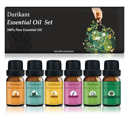 Image of Durikant Essential Oil Set - 100% Pure Natural, 6-Pack (Tea Tree, Eucalyptus, Lavender, Orange, Peppermint, Lemon Oils) - 0.33 Fl Oz Each