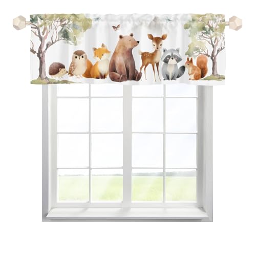 Image of HawSkgFub Baby Boy Girl Animals Nursery Curtains Valance 54 x 18, Unisex Bear Fox Deer Bunny Short Half Topper Window Treatments Rod Pocket, Kids Toddler Bedroom Playroom Home Kitchen Decor