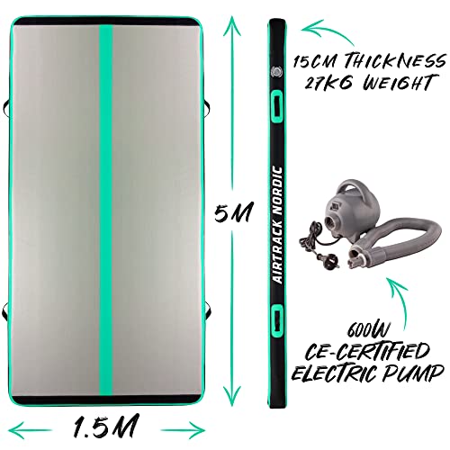 Foto von AirTrack Nordic Carbon 3m - 8m mit elektrischer Luftpumpe, aufblasbare Gymnastikmatte Zuhause, besten für Gymnastik & Cheerleading, 1.5m breit & 15cm dick air tracking matte, Air Track
