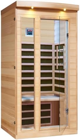 Cabine sauna infrarouge Canadian Spa Co. Chilliwack 1 personne en bois hemlock canadien, format 102 × 97 × 191 cm, 6 radiateurs infrarouges Mica, audio Bluetooth intégré, éclairage LED chromothérapie couleur, commande numérique avec préchauffage et démarrage automatique.