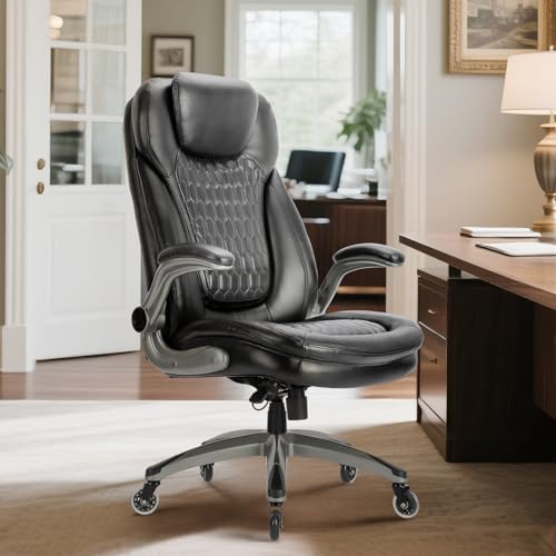 COLAMY High Back Office Chair-Executive Computer Office Chair with Flip-up Arms Adjustable Height SwivelChair, Thick Padded Leather for Comfort and Ergonomic Design for Lumbar Support (137kg, Black)