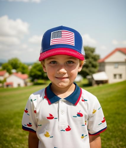 Boys Trucker Hat, Toddler American Flag Snapback Mesh Baseball Caps for Kids Age 2-62