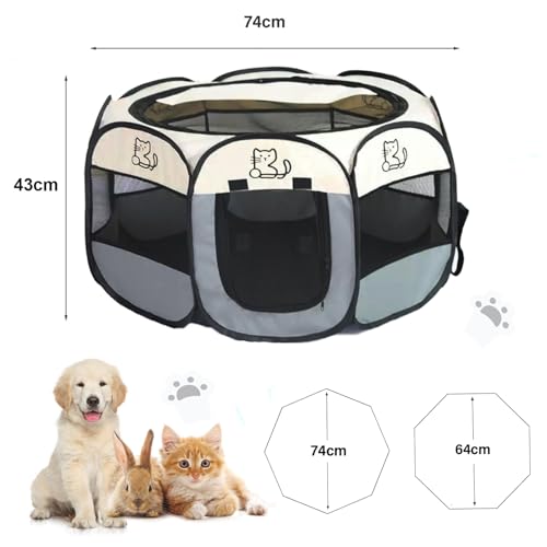 Welpenauslauf 74x74x43cm, BRIMOREA Katzenkäfig Hundekäfig für zuhause, Wurfkiste Wurfbox für Katzen Kaninchenstall innen Katzengehege Balkon Katzenkäfig für Draußen Kaninchengehege(Graue Katze)