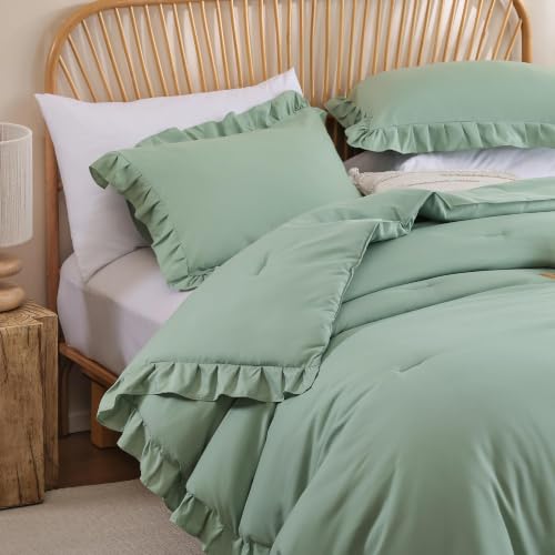 Image of JANZAA Sage Green Comforter Set Queen - Soft Microfiber, Lightweight All Season Bedding, Ruffle Shabby Chic Aesthetic, Breathable Cozy Bed Set with 2 Pillow Shams, Machine Washable