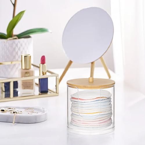 Image of Tbestmax Plastic Cotton Round Holder and Dispenser, Clear Bathroom Organizer Storage for Cotton Pads - Bamboo Lids