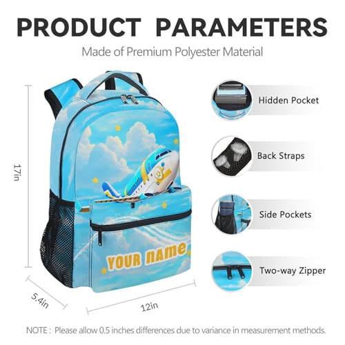 Custom School Backpack for Boys, 17 Inch Cute Plane Backpacks with Adjustable Straps, Blue Lightweight Durable Bookbag for Elementary School4