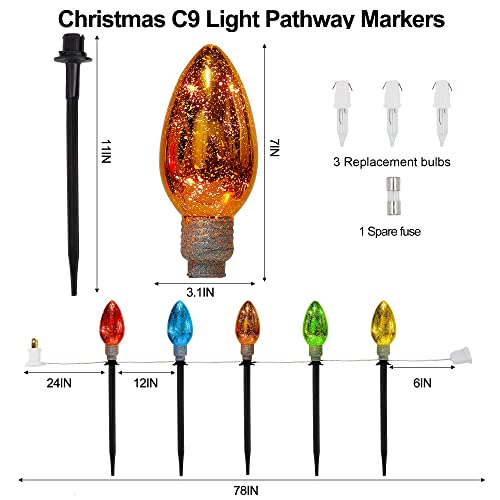 Twinkle Star Christmas Pathway Lights, C9 Lights, 5 Pack Large Multicolored Bulbs With Pathway Marker Stakes, Connectable Incandescent Decorative Lights For Holiday Patio Garden Christmas Decorations #TOP6