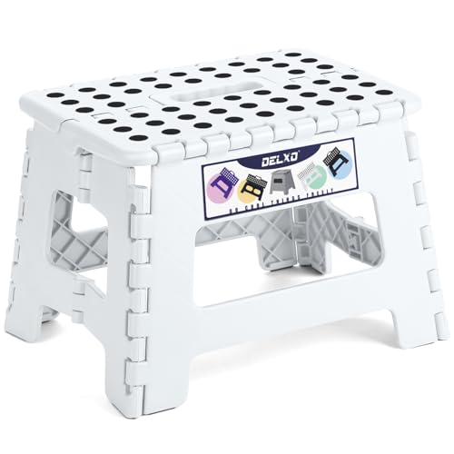 Image of Delxo 9 Inch Folding Step Stool,White Step Stools for Kids Foldable,Portable Collapsible Step Stool with Handle, Folding Stool for Kitchen Bathroom,Bedroom,Garden