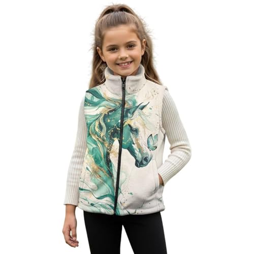 Gomyblomy Aesthetic Horse Boys Girls Fleece Vest Kids Teens Sleeveless Vest Jacket with Pockets Warm Full Zipper Coats for Youth Fashion Vests Casual Fall Winter Coats