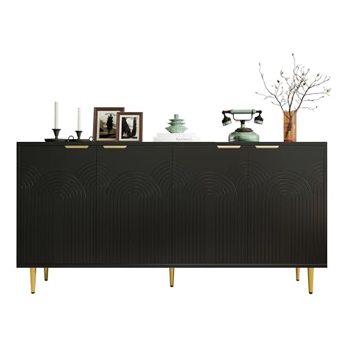 SOFTWEARY Sideboard mit Türen, Breite 160 cm, Wohnzimmerschrank, Mehrzweckschrank, Aufbewahrungsschrank, matt (schwarz)