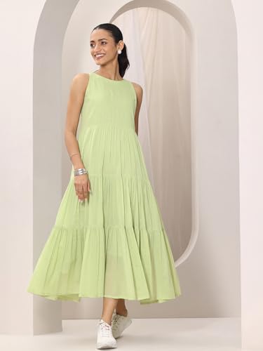 Image of Libas Solid Cotton Fit and Flare Dress for Women