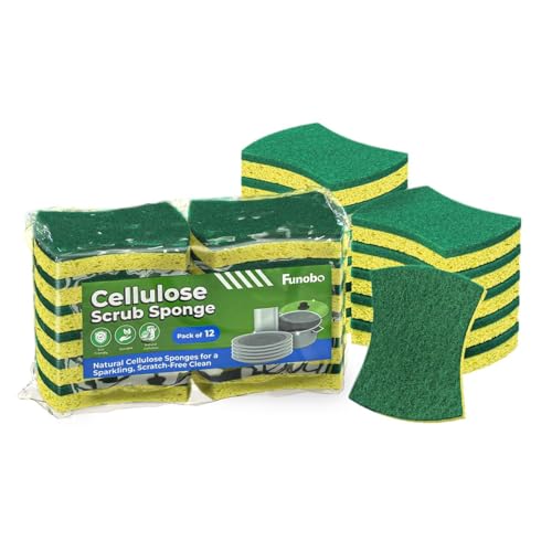 Funobo Non-Scratch Cellulose Scrub Sponge, Dual-Sided Dishwashing Sponge for Kitchen, 12 Pack , Heavy-Duty Cleaning & Stainless Steel – Eco-Friendly Sponges for Sink, Pots, Pan (Green - Heavy Duty)
