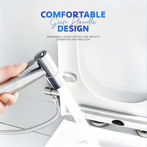 Image of Amazon Basics Premium SS 304 Stainless Steel Health Faucet Set Chrome Finish | Jet Spray Gun with Hose Pipe and Holder for Toilet | Bathroom Bidet Sprayer Kit