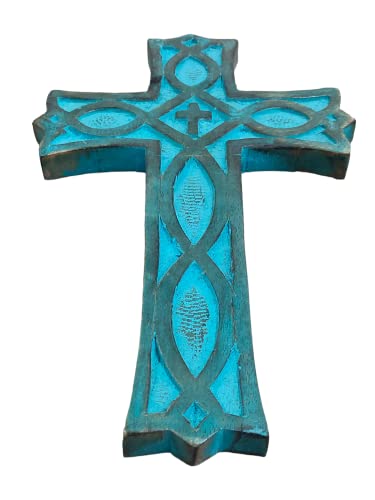 Earthly Home Handmade Crucifix Wall Cross, Antique Holy Catholic Crosses, Jesus Christ Floral Carving Plaque, Hanging Catholic Crucifix Home Chapel Décor, Living Room, Blue #TOP2