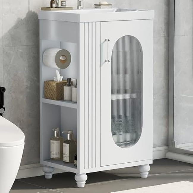 Narrow 20 Bathroom Vanity & Ceramic Sink Combo with Adjustable Shelf, Single Basin Freestanding Storage Cabinet with Toilet Paper Holder for Small Space, White