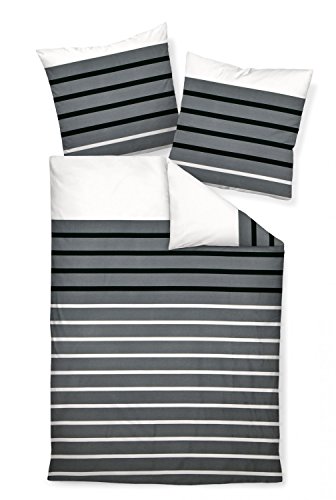 Janine Bettwäsche-Set J.D. 87017 Farbe 08 Schiefer Schwarz 100% Baumwolle Mako-Satin Modernes Streifen-Design, Größe:200x200 cm + 2 x 80x80 cm