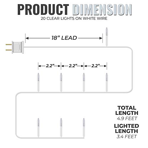20 Count Vermont Clear Christmas String Lights on White Wire, UL Approved for Indoor Use, 4.9 Feet Total Length