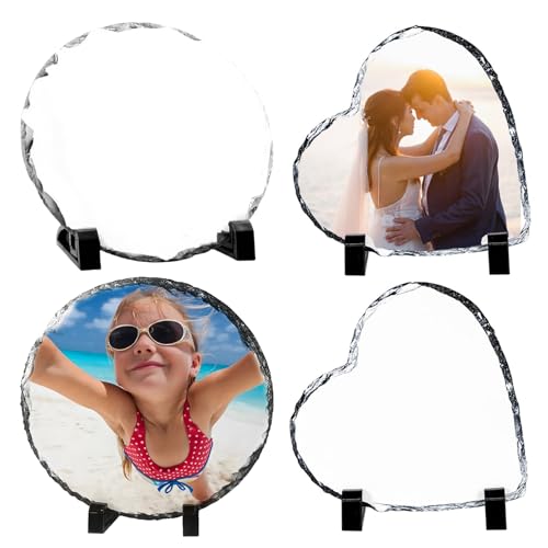 AB Max Photo Frame Sublimation Slate Blanks DIY Craft Set Heart and Round Shaped Heat Press Heat Transfer Personalized Rock Picture Frame with Display Holder 4 Pack